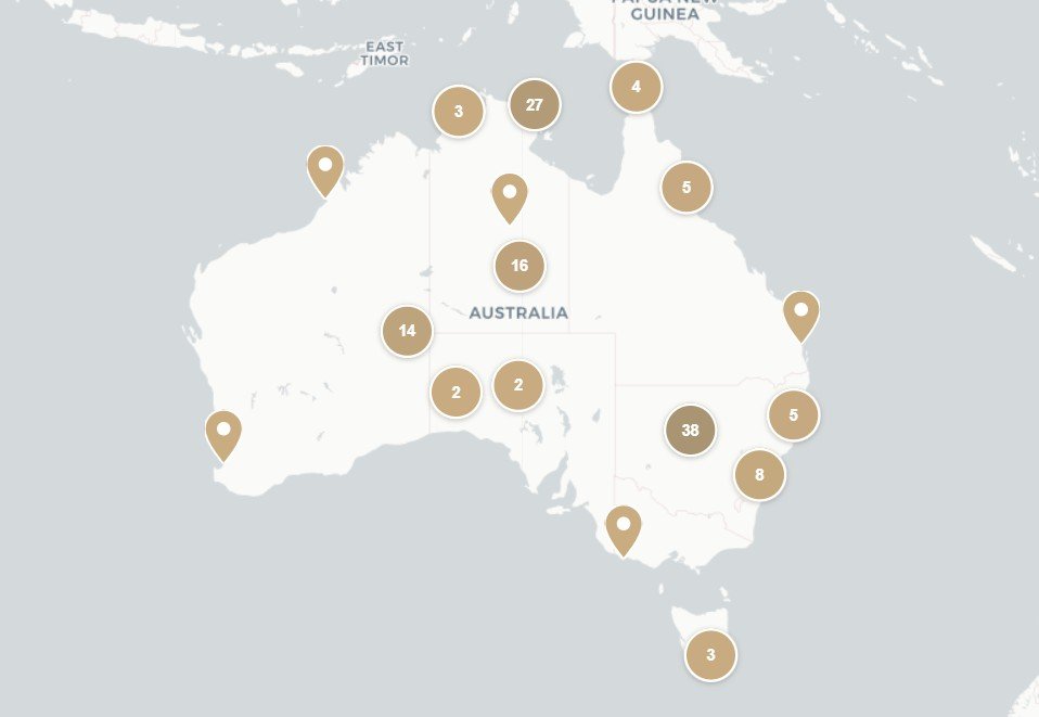 Map of Australia with project pins marking work Morris Piper has delivered across every state and territory